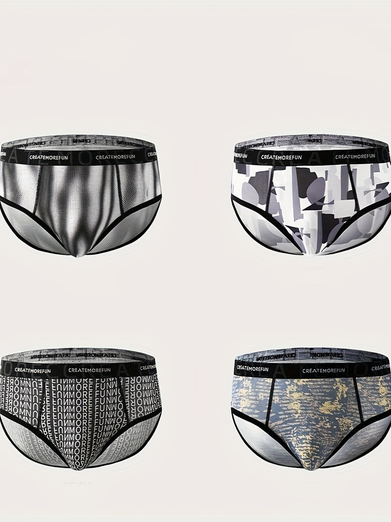 4 Pieces Of New Men's Briefs Four Seasons Thin Ice Silk Breathable Mid-waist Underpants.