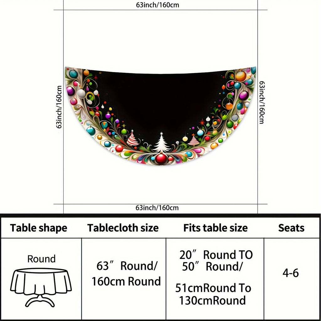 Christmas Tree and Ornament Design Round Tablecloth, Cartoon Polyester Fabric, Machine Woven, Festive Holiday Table Cover, 63 Inch Diameter, Black with Colorful Christmas Style Decoration for Dining and Outdoor Picnics