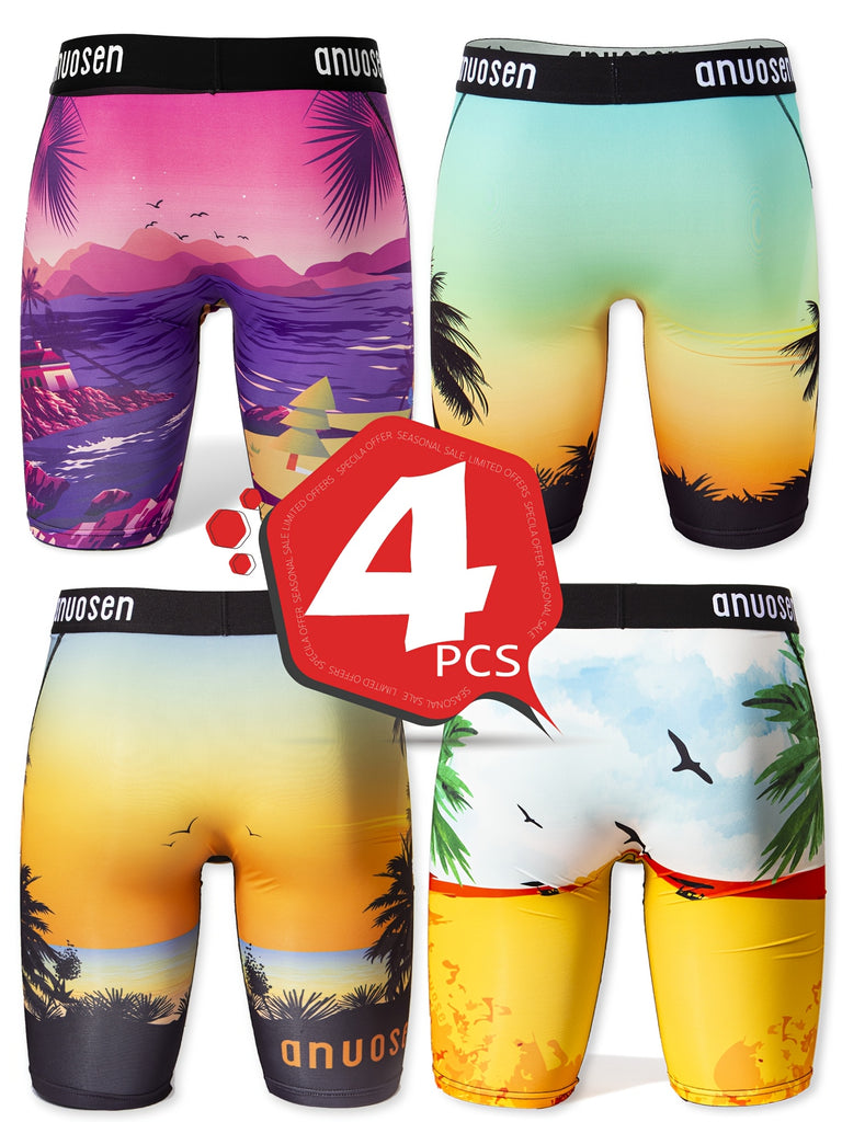 4pcs Men's Quick-Dry Athletic Boxer Briefs - Breathable, Moisture-Wicking with Tropical & Beach Print, Extended Length for Running & Casual Wear