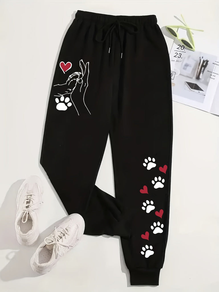 Plus Size Jogger Sweatpants with Geometric Paw Print Pattern - 100% Polyester Slight Stretch Knit Fabric - Comfortable All-Season Casual Wear for Home, Travel, Gym - Vintage Y2K Style - For Women - Perfect for Loungewear, Athleisure & Casual Outings