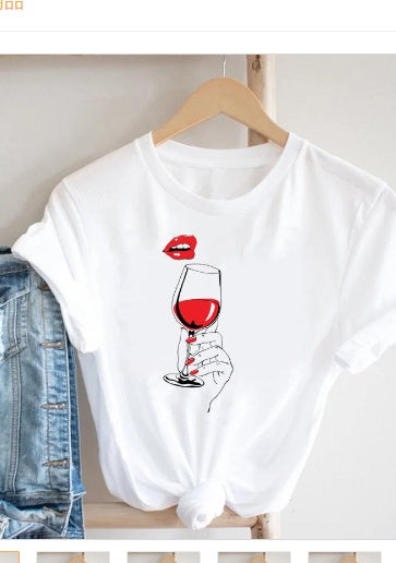 Women's Summer Plus Size Women's Clothes Printed Wine Glass Red Lips T-shirt