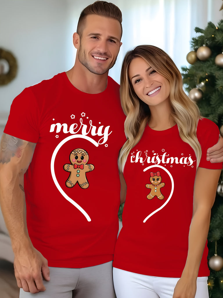 Merry Christmas Couple's Matching T-Shirts - Fun & Festive Cotton Tees with Geometric Design, Short Sleeve & Round Neck - Perfect for Summer