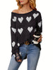 Hearts Print Crew Neck Pullover Sweater, Sexy Baggy Long Sleeve Ribbed Knitted Sweater For Fall & Spring, Women's Clothing