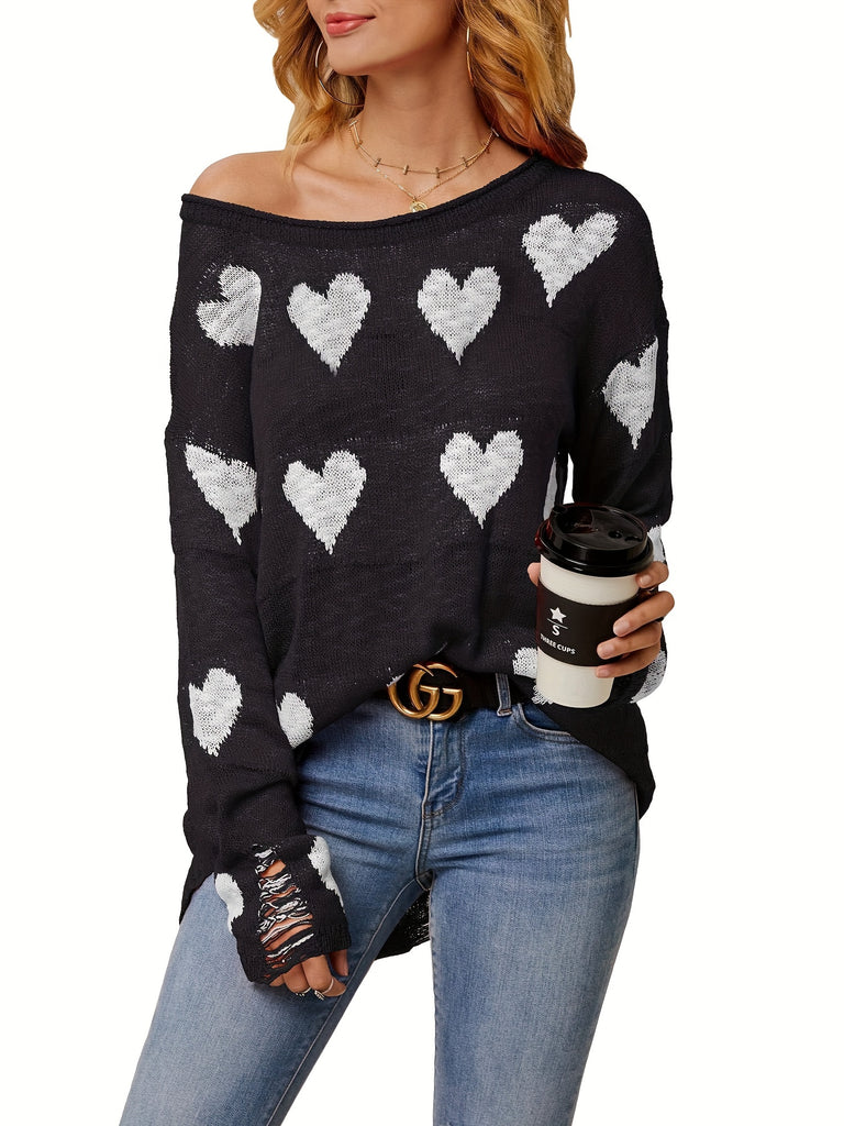 Hearts Print Crew Neck Pullover Sweater, Sexy Baggy Long Sleeve Ribbed Knitted Sweater For Fall & Spring, Women's Clothing