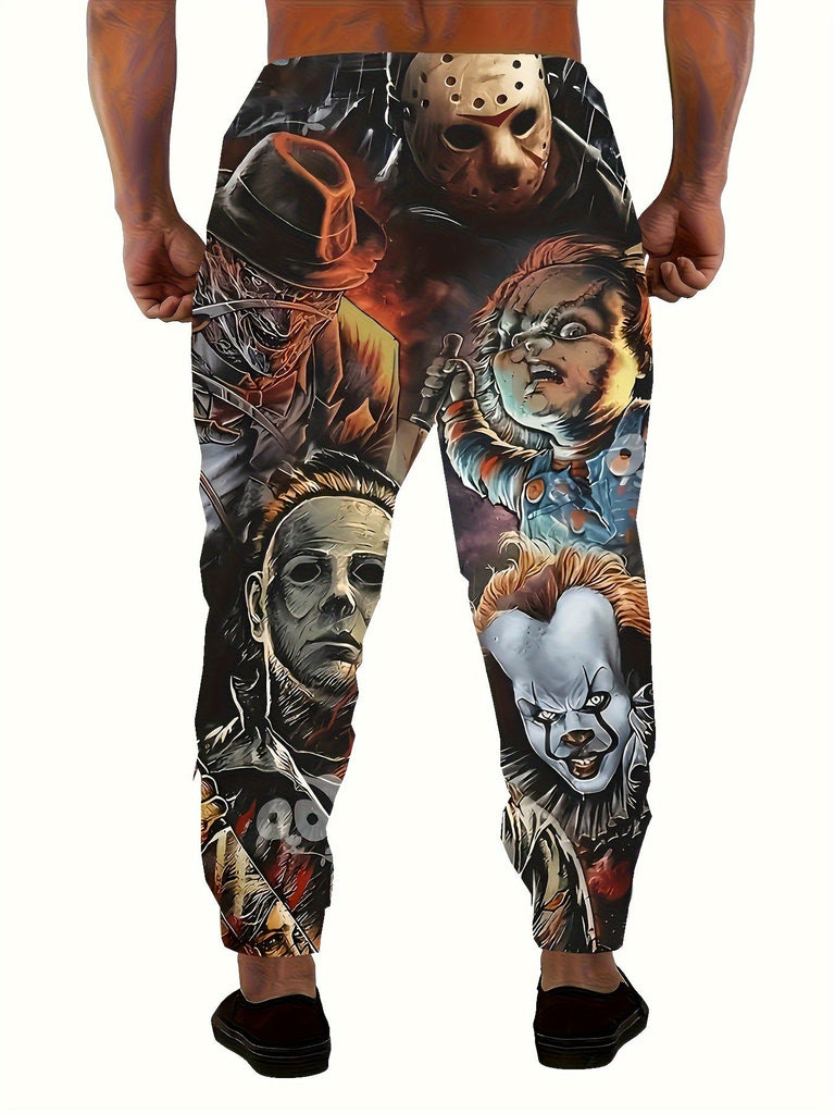 1pc Men's Vintage Horror Movie Print Polyester Sweatpants with Pockets - Knit Fabric Casual Athletic Pants, Regular Fit, All-Season Adult Joggers - For Men - Suitable for Casual Wear, Sports & Loungewear - Great Gift for Movie Buffs & Casual Fashion Lover