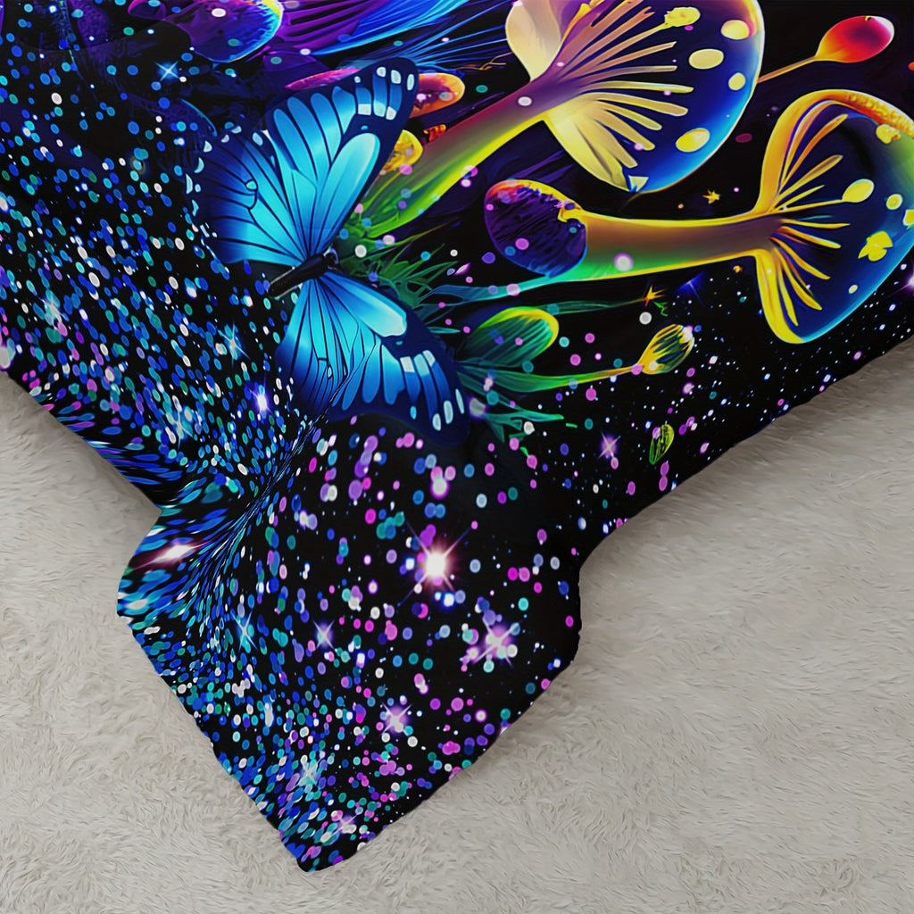 Mushroom Comforter Set, Colorful Sparkle Natural Wild Fungus Bedding Set, Botanical Plants Duvet Set Butterfly Comforter with 2 Pillowcases
