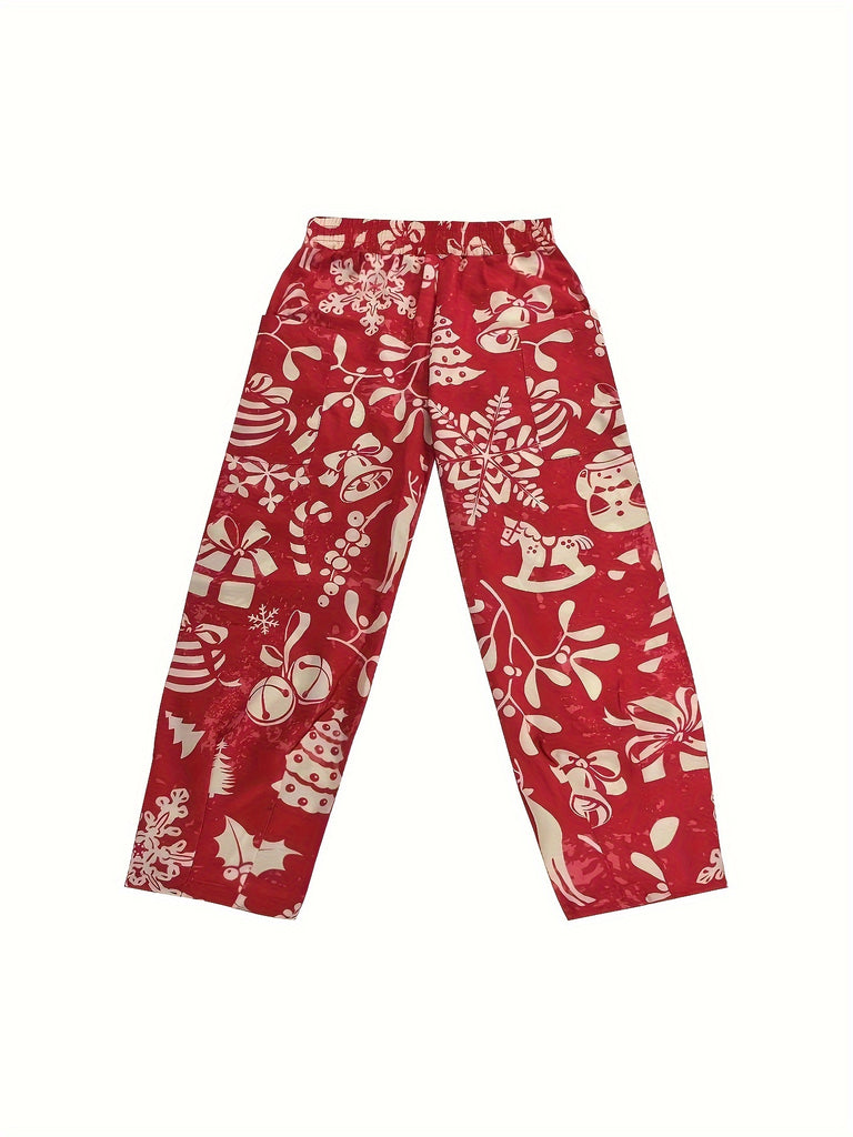 Cozy Christmas Allover Print Baggy Pants - Women's Loose-Fit Elastic Waist Casual Pants with Dual Pockets - Festive Holiday Wear for Comfortable Daily Life