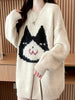 1pc Women's Casual Polyester Sweater, Cartoon Cat Print, Round Neck, Oversized Pullover, Contrast Color, Knitted Fabric, Autumn/Winter Fashion Top