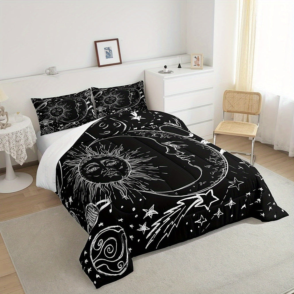 2/3Pcs Sun And Moon Bedding Set, Bohemian Style Comforter Set For Men Women, Galaxy Comforter Cosmic Celestial Quilt Set 1 Comforter With 1/2 Pillowcase, Room Dormitory Decor, All Season Lightweight Soft Warm, Christmas Gifts Decoration Ornaments