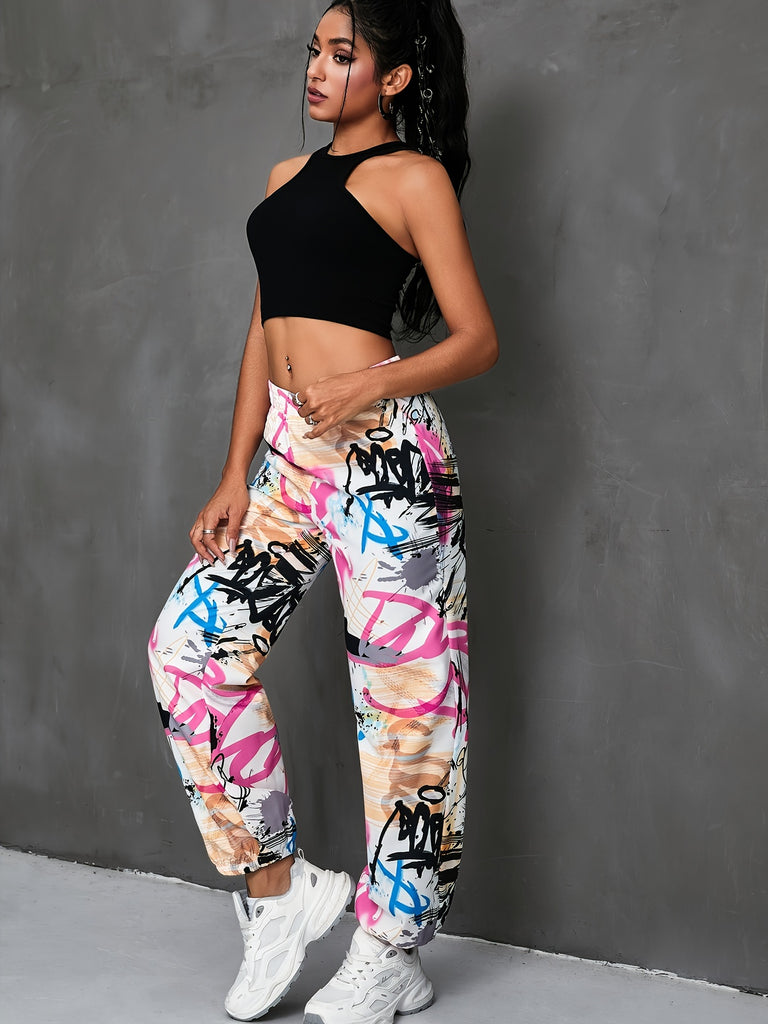 Graffiti Print Fitted Bottom Joggers, Casual High Waist Pants For Spring & Fall, Women's Clothing