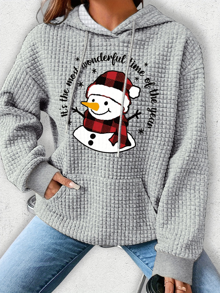 Snowman Print Hoodie, Print Waffle Hoodie, Drawstring Kangaroo Pocket Casual Hooded Sweatshirt For Winter & Fall, Women's Clothing