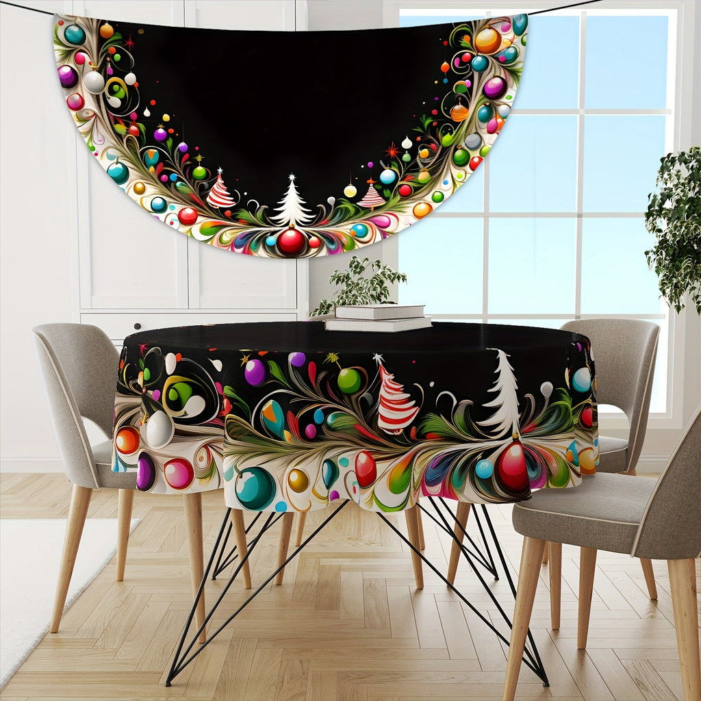 Christmas Tree and Ornament Design Round Tablecloth, Cartoon Polyester Fabric, Machine Woven, Festive Holiday Table Cover, 63 Inch Diameter, Black with Colorful Christmas Style Decoration for Dining and Outdoor Picnics