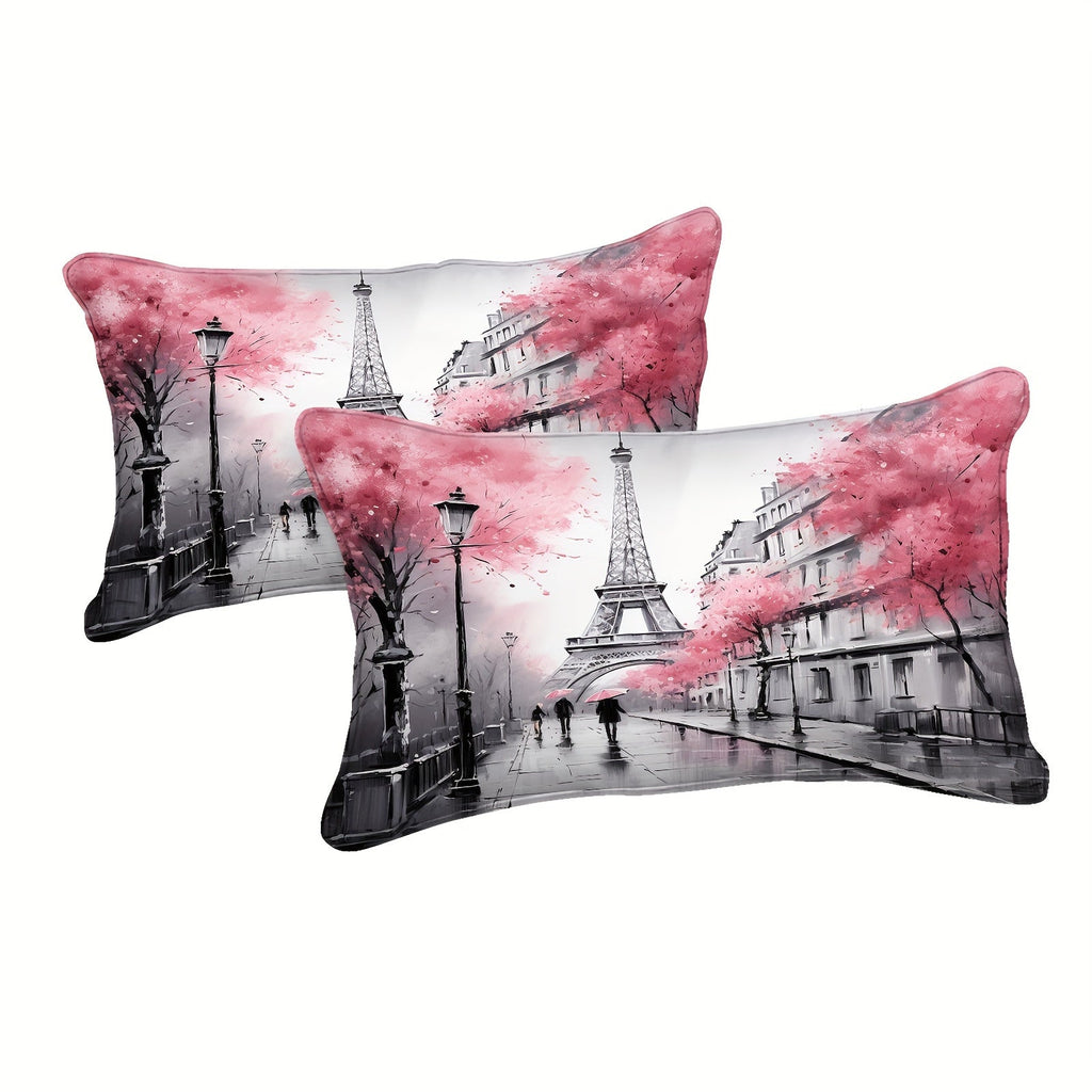 France Paris Comforter Set 8 Pcs Eiffel Tower Bedding Set Extra Soft Cozy Bed In A Bag Pink Cherry Blossom Floral Decorative Bedding Comforter Modern City French Bed Set For All Sezon