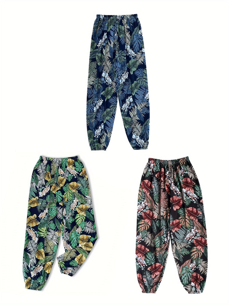 3pcs Plant Print Elastic Waist Joggers, Vacation Loose Pants For Spring & Summer, Women's Clothing