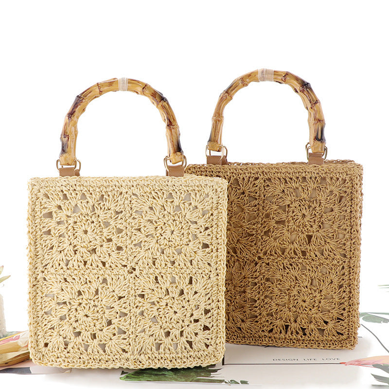 Summer Square Hollow Out Straw Bag Handmade Woven Bamboo Handle Large Capacity