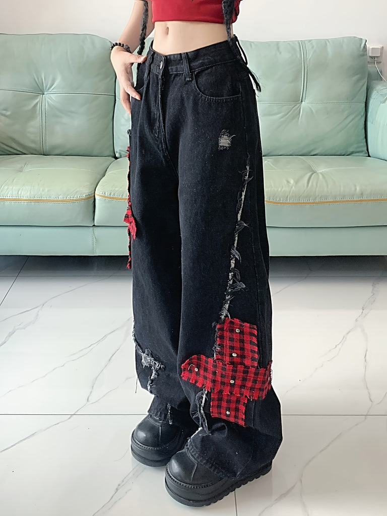 Plaid Print Cross Patchwork Streetwear Chic Loose Fit Wide Leg Jeans, Women's Denim Jeans & Clothing