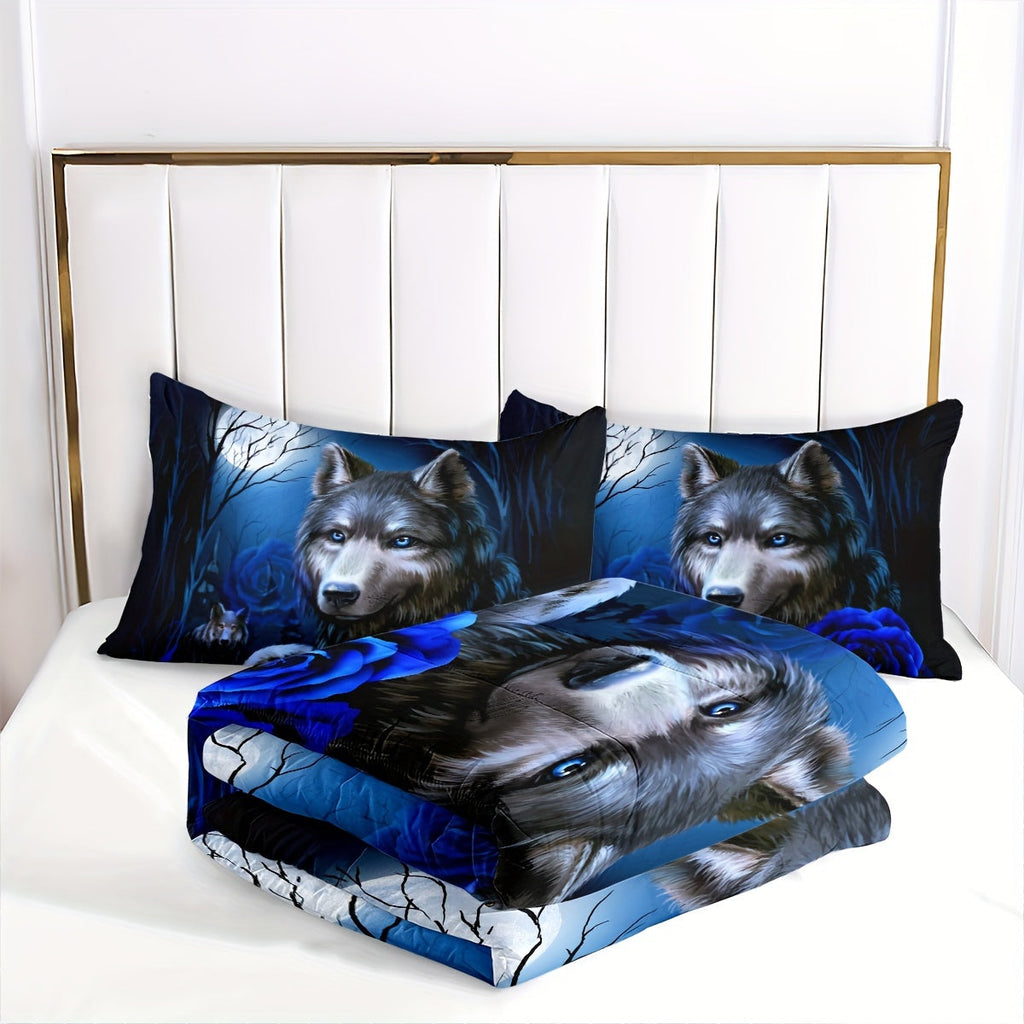 Wolf King Size Comforter Set Blue Flower Bedding Wolves Animal Print Floral Duvet Insert Blossom Branch Howling Wolf Comforter 3D Safari Animal Theme Duvet Room Decor For Boys Girls