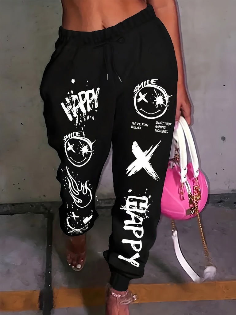 Chic Cartoon Print Women's Joggers - Casual Drawstring, Stretchy Polyester Blend, Machine Washable - Perfect for Spring & Fall