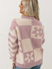 Check & Flower Pattern Crew Neck Sweater, Casual Long Sleeve Drop Shoulder Sweater For Fall & Winter, Women's Clothing