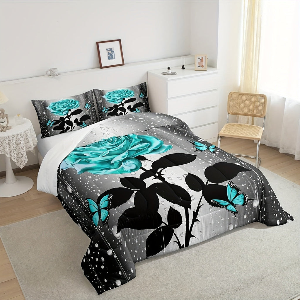 2/3pcs Teal Water Rose Bedding Set, Teal Butterfly Comforter Set for Men Women, Romantic Comforter Floral Flower Quilt Set with 1/2 Pillowcases, Fashionable Room Decor, All Season Lightweight Soft Cozy Warm, Christmas Gifts Decoration Ornaments