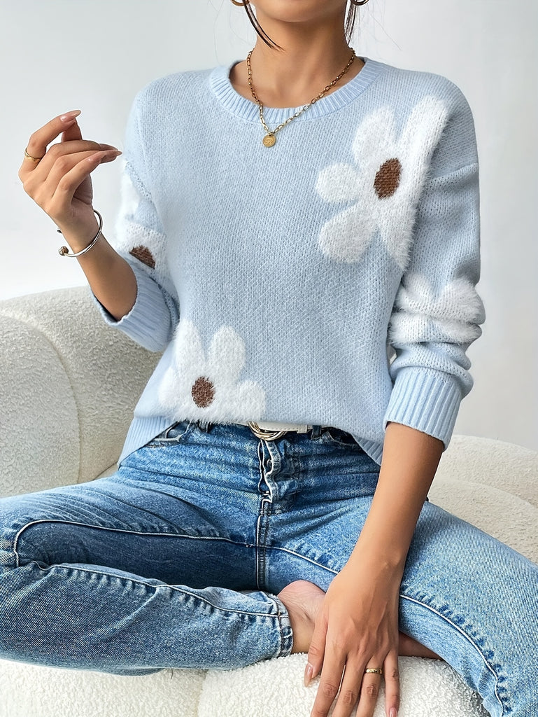 Floral Drop Shoulder Sweater for Women, Long Sleeve Crew Neck Pullover for Winter & Fall