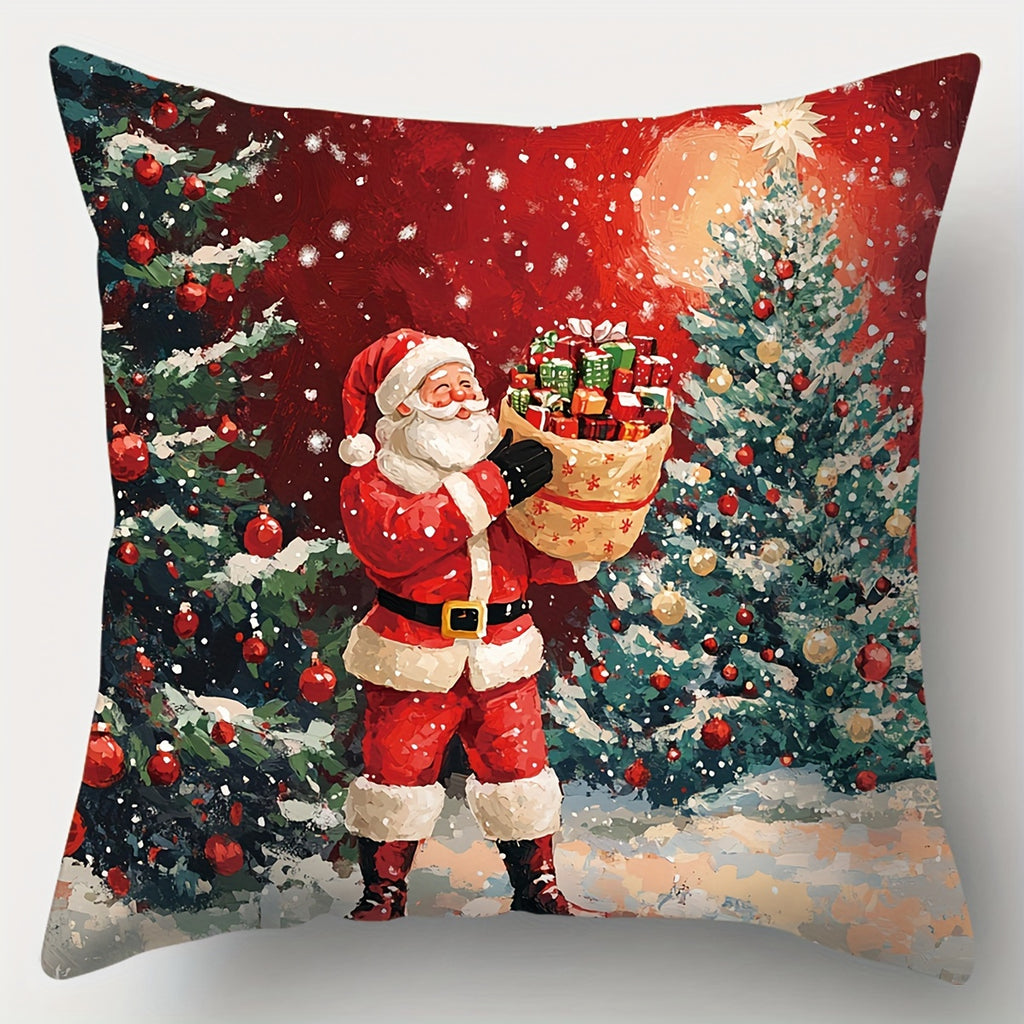 Contemporary Style Christmas Throw Cushion Covers Set of 4, Hand-Washable, Zippered, Woven Polyester Decorative Case for Sofa and Living Room, Festive Holiday Prints - 17.72x17.72 inches (No Insert)