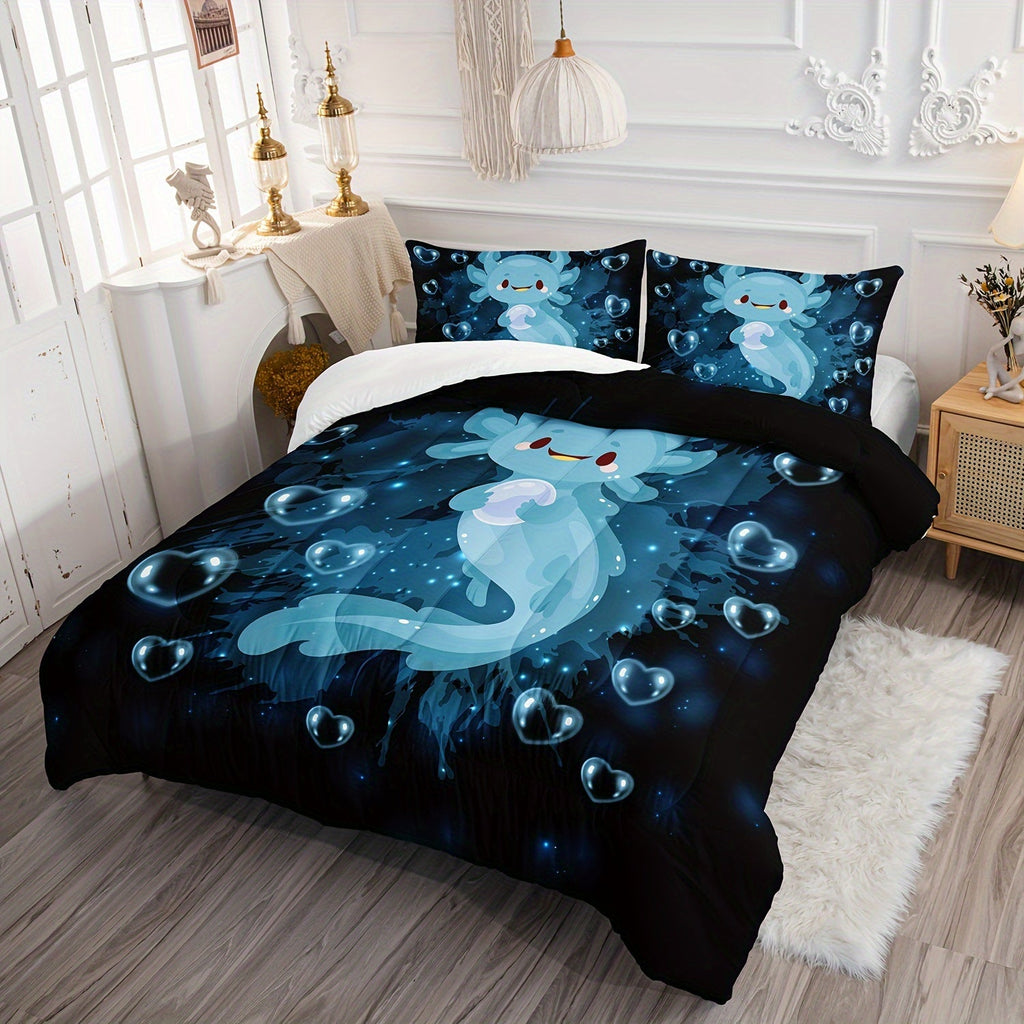 3pcs Modern Fashion Polyester Comforter Set (1*Comforter + 2*Pillowcase, Without Core), Dreamy Blue Axolotl Print Bedding Set, Soft Comfortable And Skin-friendly Comforter For Bedroom, Guest Room