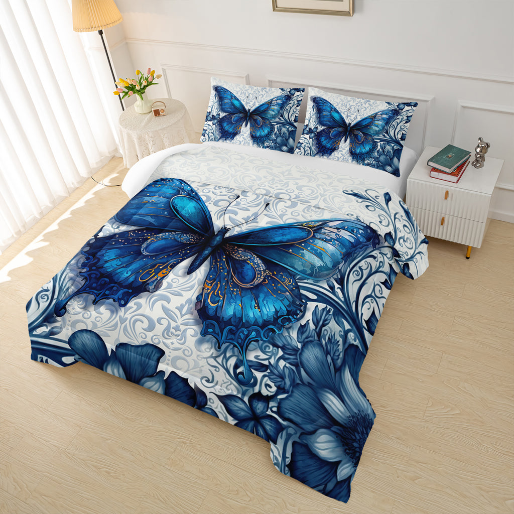 1 Set Blue Butterfly Comforter Set - Soft & Cozy Polyester Microfiber Bedding with 1 Comforter and 2 Pillowcases, Machine Washable, Digital Print, Woven Sanded Fabric, 95gsm - Elegant Room & Bedroom Decor