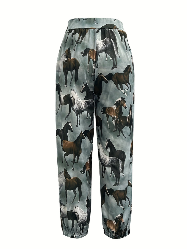 Women's Vintage-Inspired Animal Print Joggers - Cozy Polyester Blend, Elastic Waistband, Machine Washable - Perfect for Fall/Winter