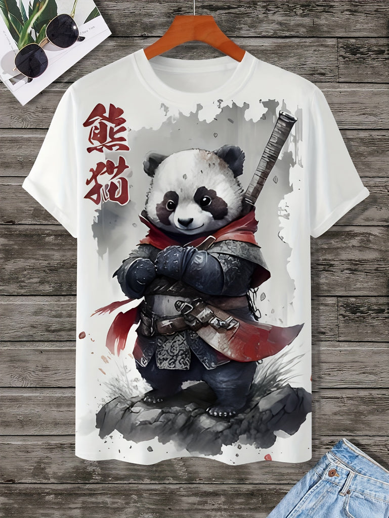 Men's Casual Crew Neck T-Shirt with Panda Warrior Print - 100% Polyester Knit Fabric, Slight Stretch, Animal Pattern - Ideal for Casual, Sports & Daily Wear in Summer - For Men - Perfect Gift for Casual Wear Enthusiasts