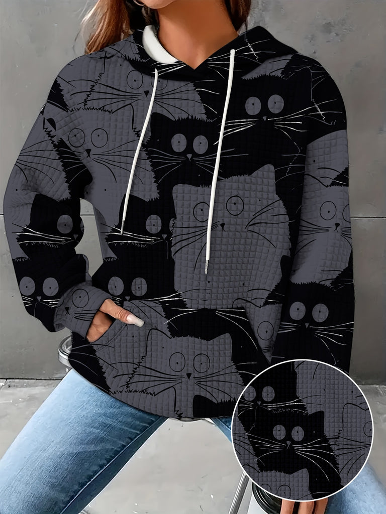 Cat Print Hoodie, Drawstring Casual Hooded Sweatshirt For Fall & Spring, Women's Clothing