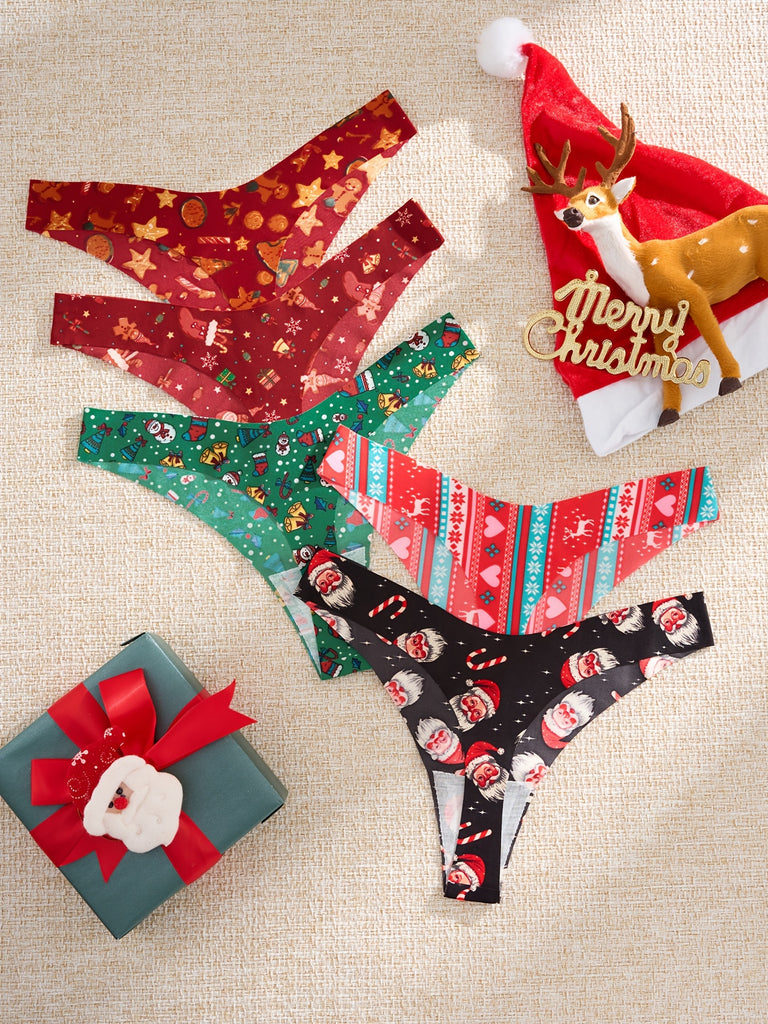 5-Pack Festive Christmas Print Seamless Thongs for Women, Polyamide Knit Fabric, Festive Holiday Underwear