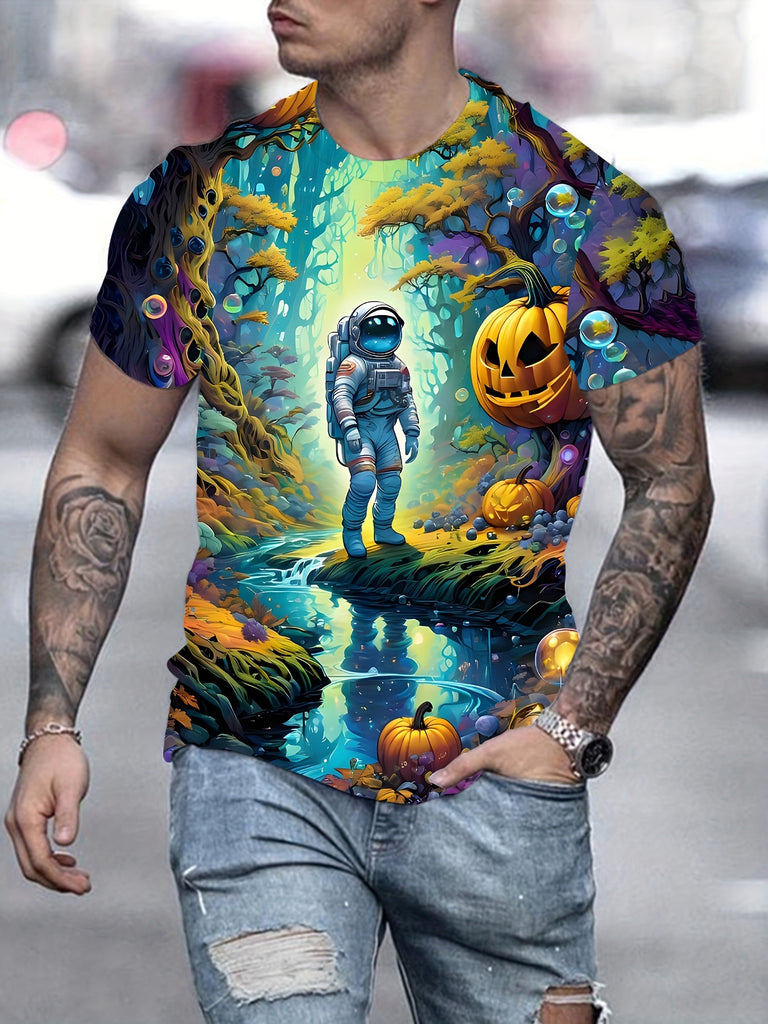 Men's Astronaut and Pumpkin Pattern Printed T-shirt - Lightweight Short sleeved Round Neck, Perfect for Outdoor Adventure and Daily Style