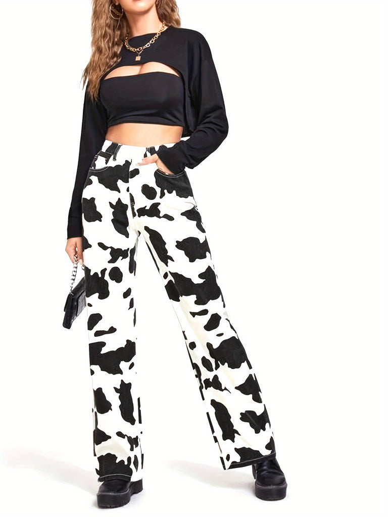 Womens Korean Wide Leg Jeans Fashion Cow Pattern Printing High-waist Denim Pants with Pocket