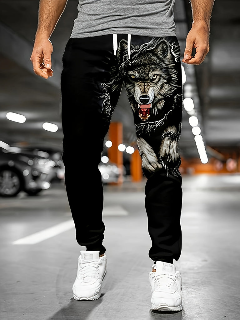 Wolf Print Drawstring Sweatpants Loose Fit Pants Men's Casual Joggers For Men Winter Fall Running Jogging