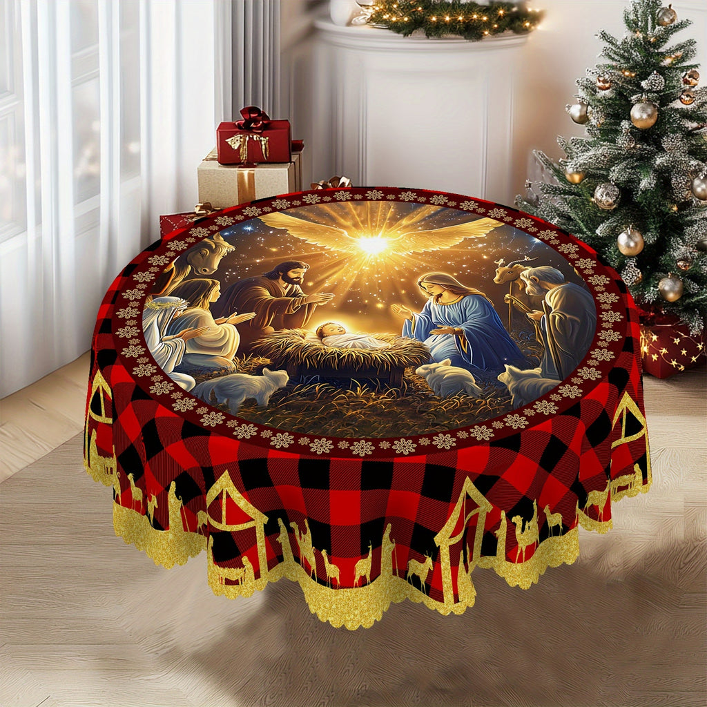 Merry Christmas Tablecloth - Nativity Scene Design, Waterproof & Wrinkle-Free Polyester, Embossed Edges, Round or Rectangle Shape - Perfect for Holiday Dining & Decor