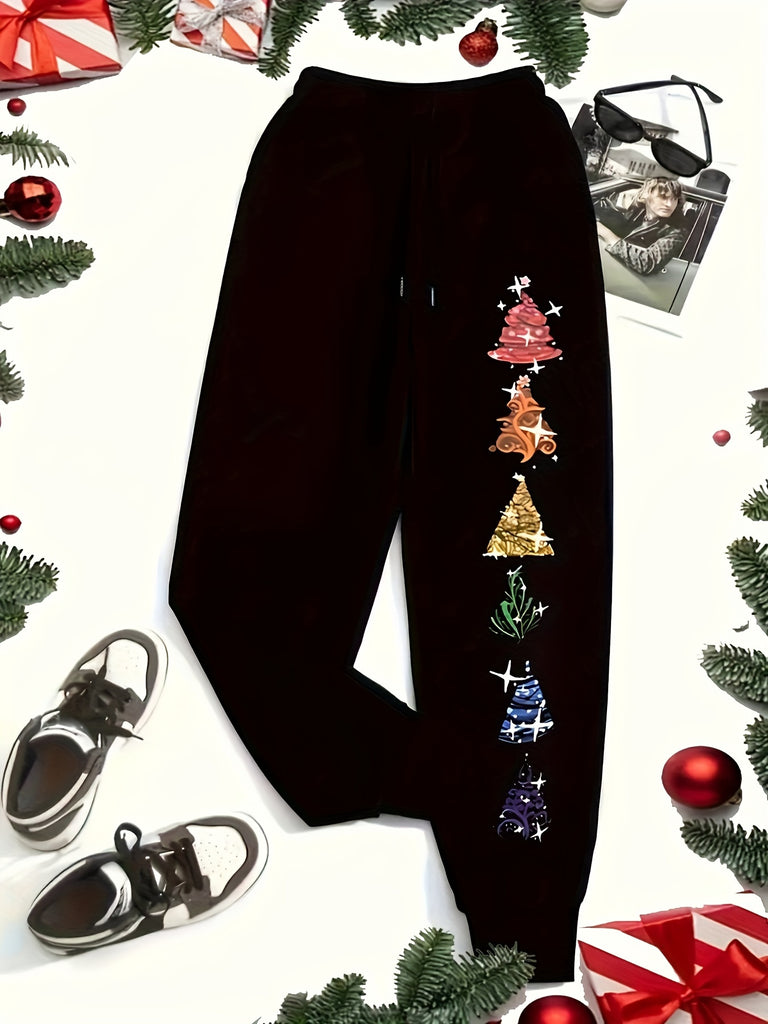 Women's Casual Polyester Jogger Pants with Christmas Tree Print, Knit Fabric, Elastic Waist with Pockets for Fall/Winter