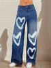 Women's Loose Wide Leg Casual Fashionable Jeans, Printed With Heart-shaped Decoration, Fashionable Jeans