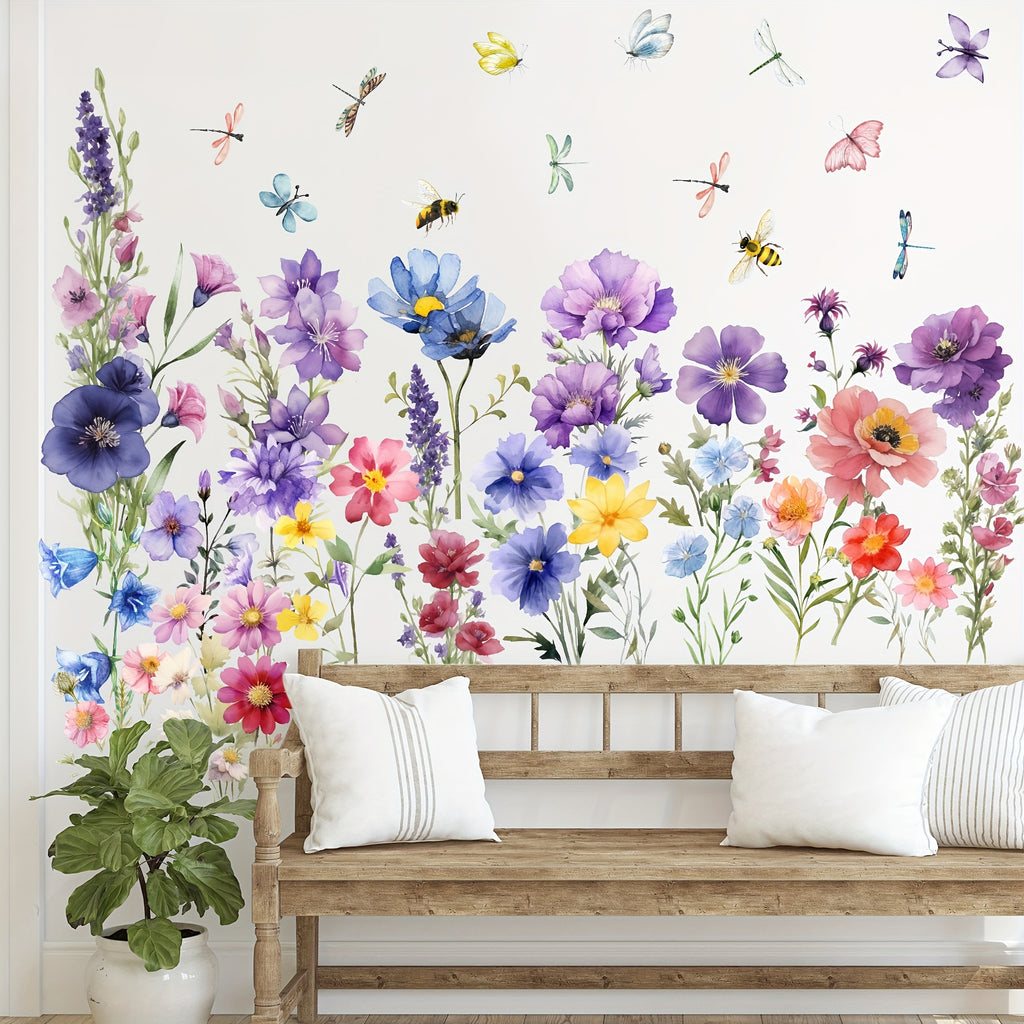 Contemporary Style Wall Stickers - 9-Piece Vinyl Floral Decals with Dragonflies and Butterflies, Removable Flower Murals for Girls' Bedroom, Living Room & Nursery Decor, Self-Adhesive Matte Finish