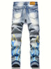 Men's Vintage Punk Style Slim Fit Stretch Denim Jeans with Print Distressed Details and Zipper Accents