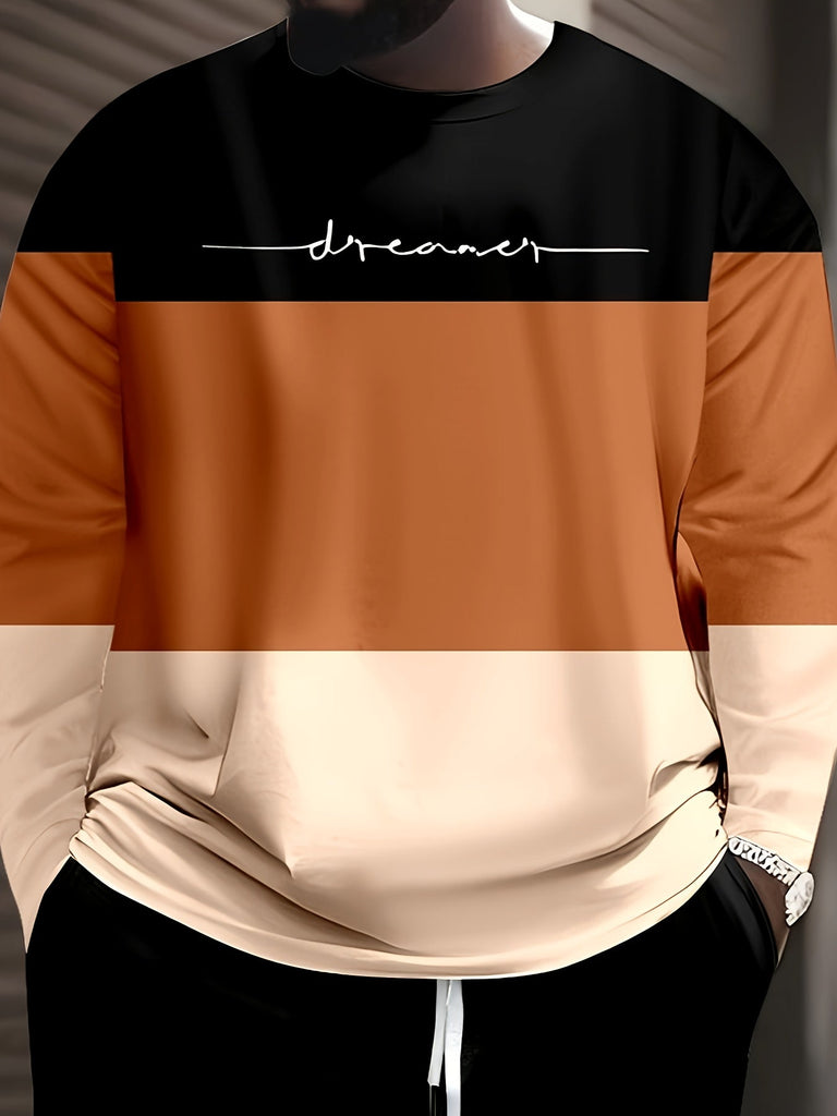 Men's Plus Size Casual Sportswear Set - Color Block & Cartoon Print, Long Sleeve Crew Neck Sweatshirt with Pockets & Joggers - For Men - Suitable for Casual Wear & Sports - Perfect Gift Idea for Him