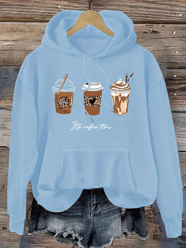 Women's Casual Fashion Hoodie with Coffee Print - Cozy Polyester, Drawstring, Pockets | Machine Washable | Perfect for Spring/Fall