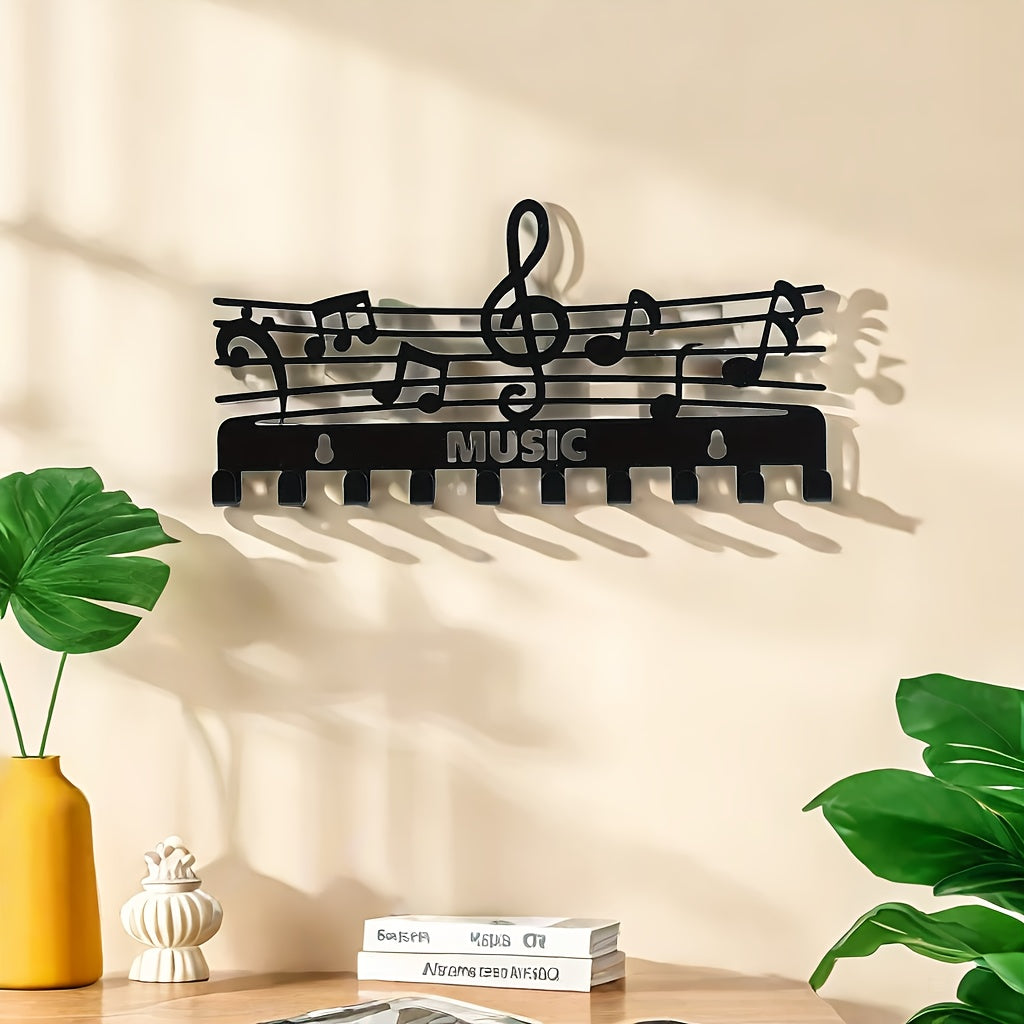 Iron Music Note Wall Storage Rack with Hooks – 1pc Multifunctional Organizer for Keys and Coats, Black, Decorative Home Accessory