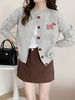 Bowknot Print Knitted Cardigan, Casual Long Sleeve Crew Neck Button Front Cardigan For Fall & Winter, Women's Clothing