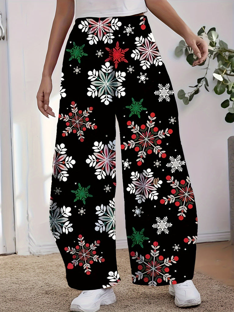 Christmas Snowflake Print Pants, Casual Pants With Pockets, Women's Clothing