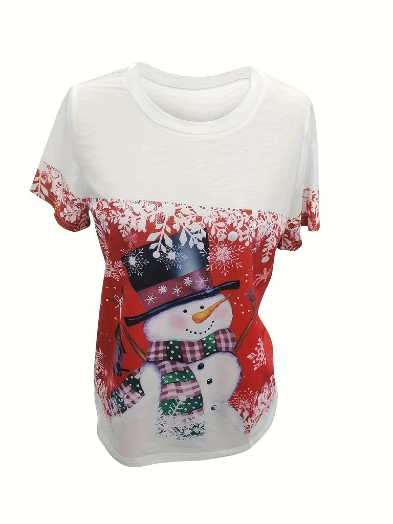 snowman shirt - Snowman Print Crew Neck T-Shirt - Short Sleeve, Christmas Theme - Spring & Summer - Women - Festive & Comfortable - Chill Vibes, Snowman Style