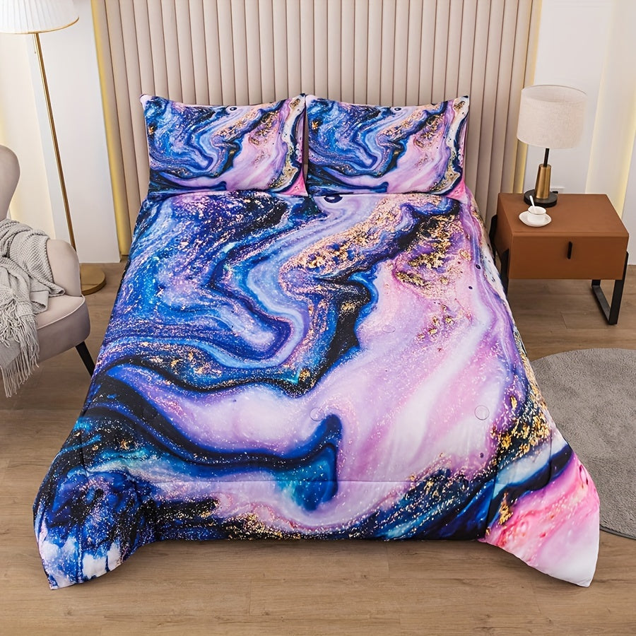 2/3Pcs Girls Comforter Queen, Purple Comforter Set, Tie Dye Comforter Sets, Purple Bedding Set Queen, Girls Tie Dye Bedding Set With Pillow Cover, Marbling Comforter Set