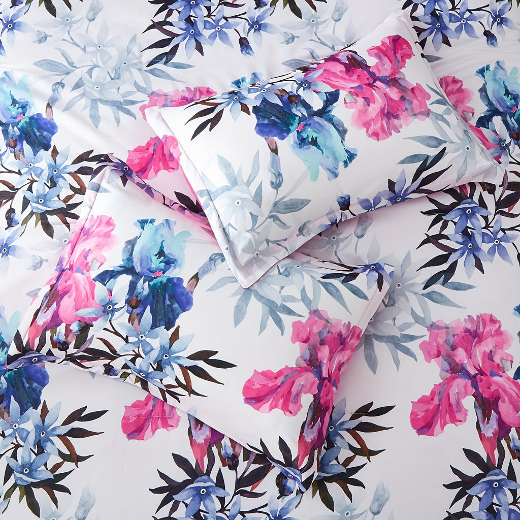 7Pcs Pink And Blue Botanical Flowers Leaves Comforter Set - Stain-Resistant, Soft 100% Microfiber Cover, 100% Polyester Fiber Filling, Woven For Durability - Queen/King Size Bed In A Bag For All Seasons, Floral Print Bedding
