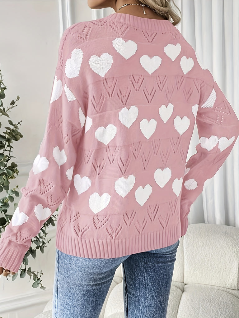 Heart Pattern V Neck Sweater, Casual Hollow Drop Shoulder Long Sleeve Pullover Sweater For Winter & Fall, Women's Clothing