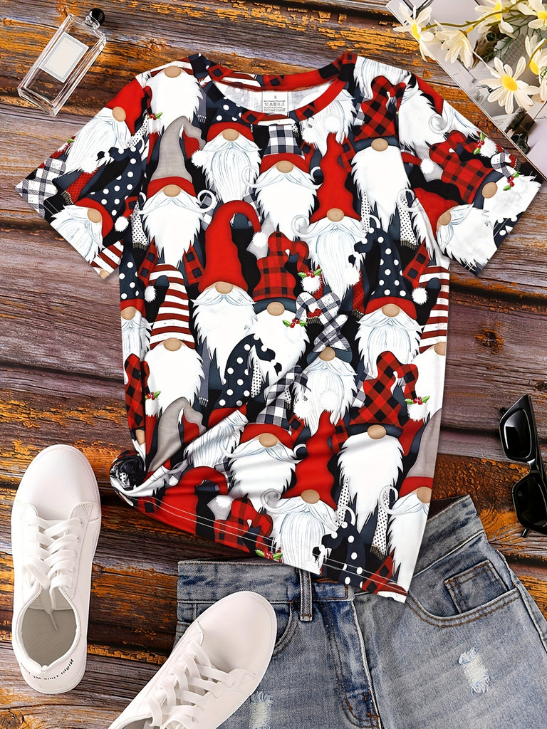 Women's Festive Christmas Santa & Plaid Print T-Shirt - Breathable, Casual Crew Neck Short Sleeve Top for Holiday Gifting